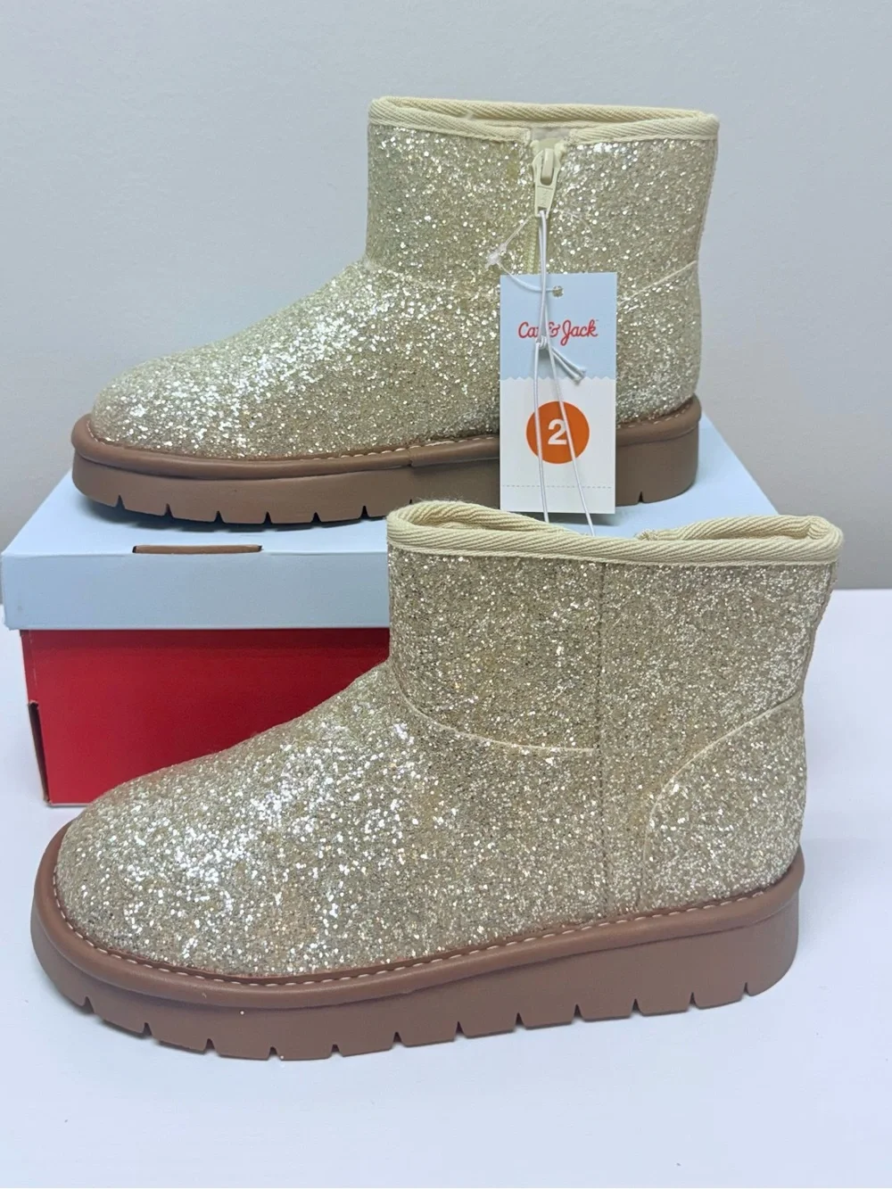 Cat & Jack Girls Size 2 Gold Glitter Ankle Boots Faux Suede Style Honor Boots